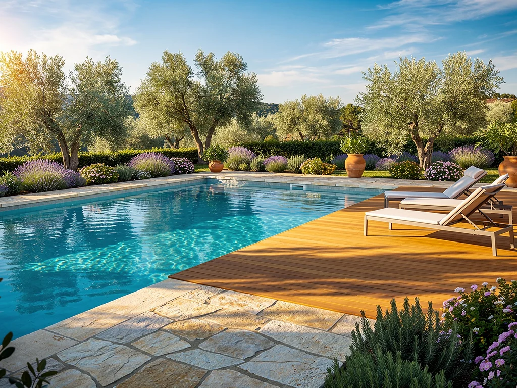 Piscine coque bleu lagon avec margelles pierre et plage bois