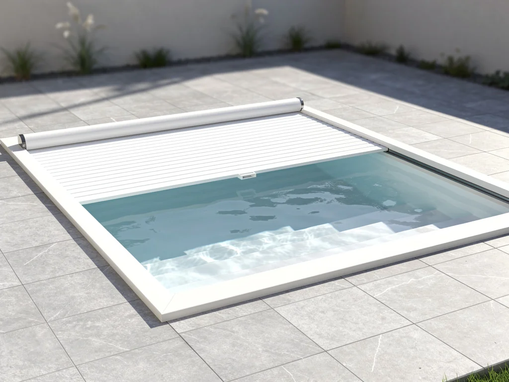 Petite piscine coque avec volet roulant immergé et escalier