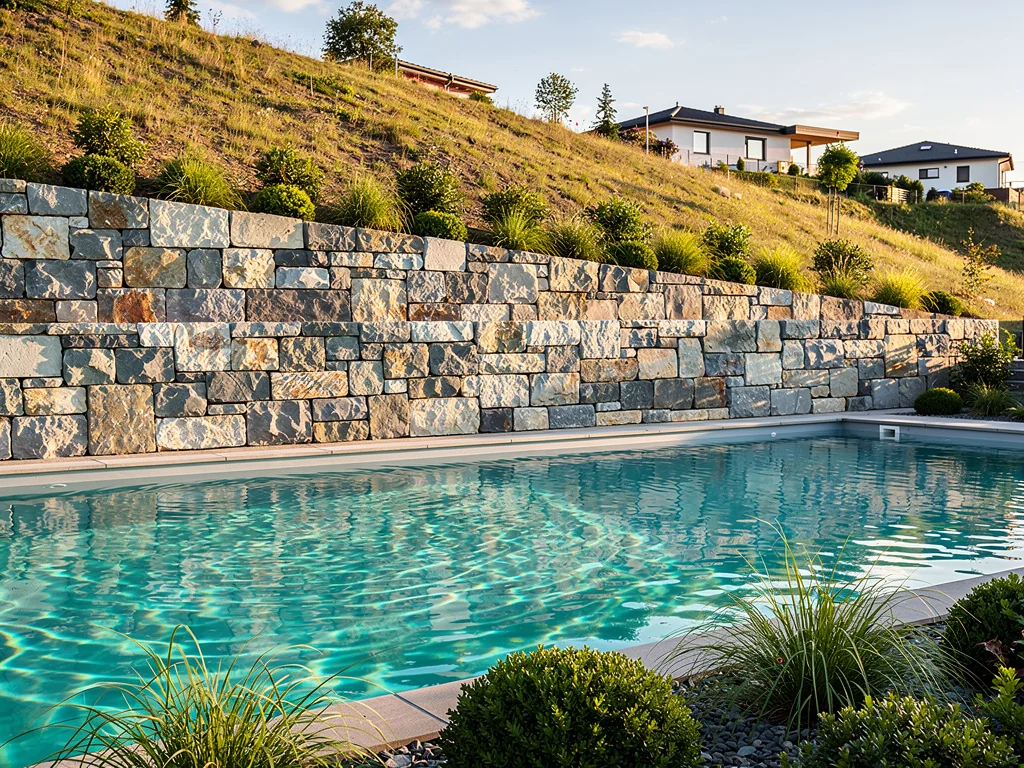 Piscine coque semi-enterrée sur terrain en pente avec soutènement